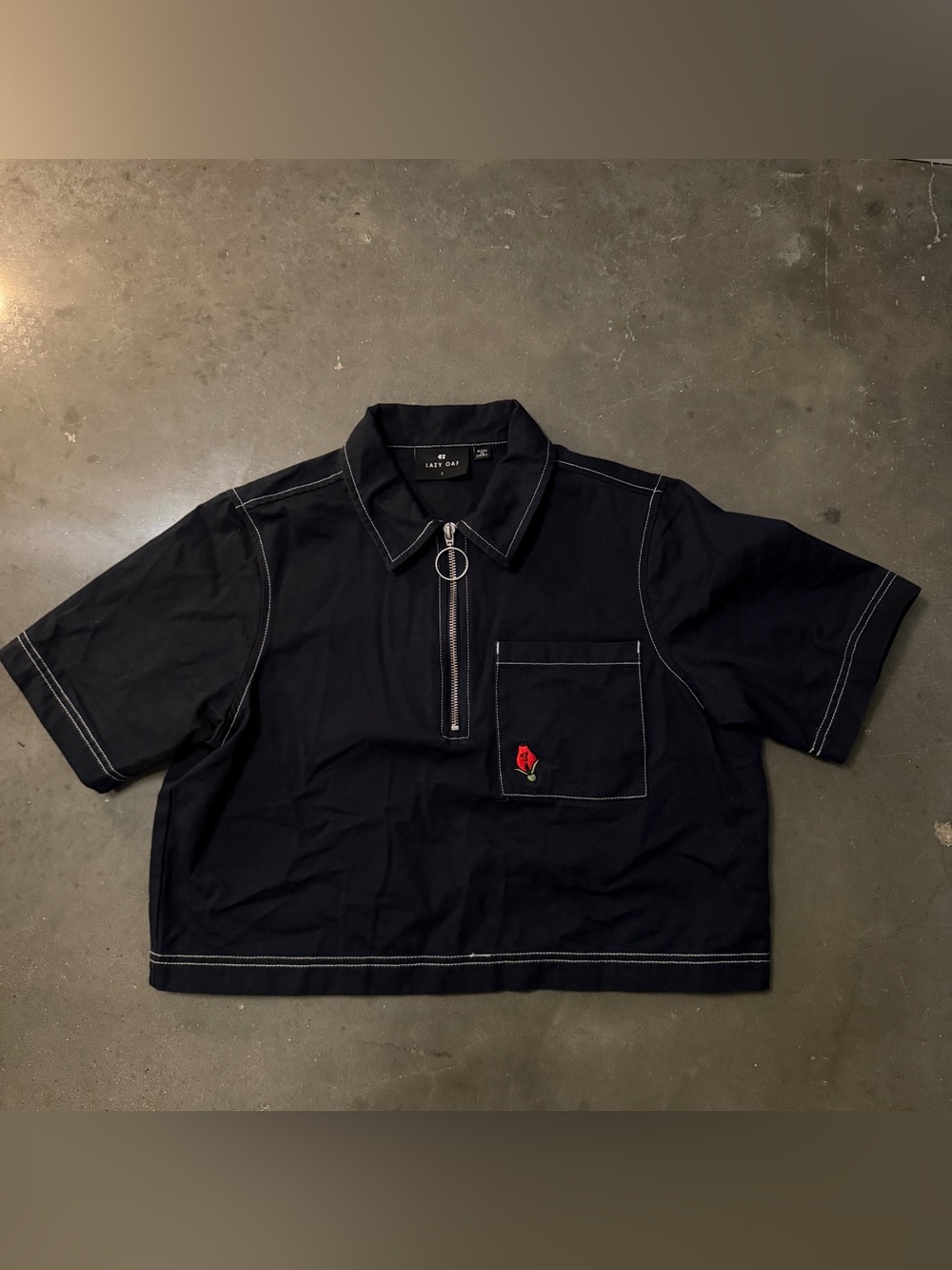 Lazy Oaf Black Cropped Zip Polo Collar Red Rose Patch Grow Your Own S Embroidery - Picture 2 of 8